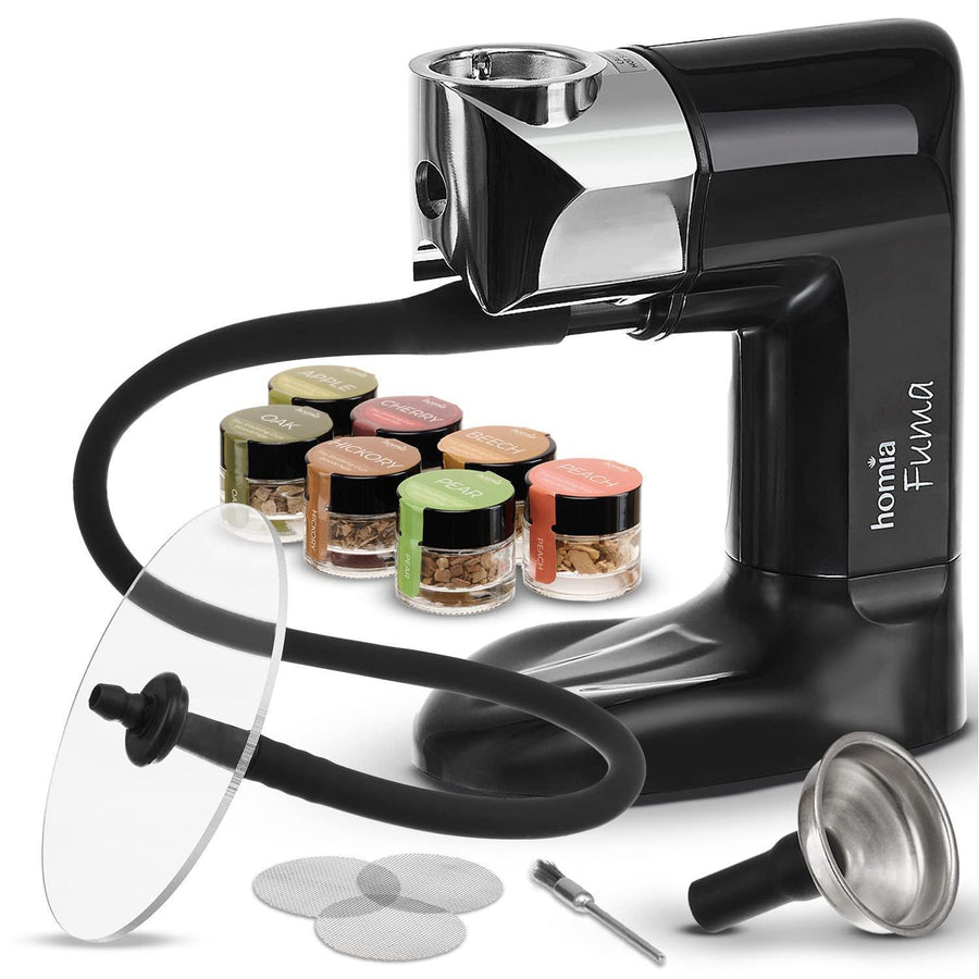 HOMIA smoke infuser kit with hose, disk lid, wood chips, batteries and cleaning accessories