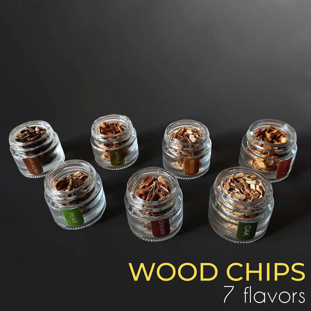 HOMIA smoke infuser kit with hose, disk lid, wood chips, batteries and cleaning accessories