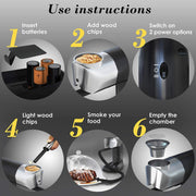 HOMIA smoke infuser kit with hose, disk lid, wood chips, batteries and cleaning accessories